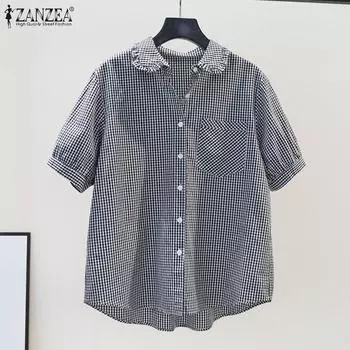 ZANZEA Женская повседневная летняя клетчатая блузка с отложным воротником и короткими рукавами