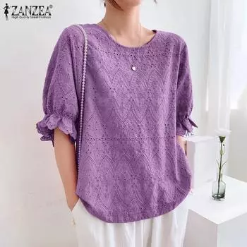 ZANZEA Женская повседневная летняя кружевная блузка с коротким рукавом и круглым вырезом