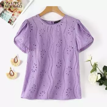 ZANZEA Женская повседневная летняя кружевная блузка с коротким рукавом в стиле пэчворк с круглым вырезом S вино красного