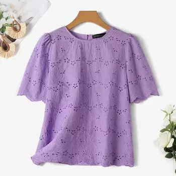 ZANZEA Женская повседневная летняя кружевная блузка с коротким рукавом и круглым вырезом S жёлтый