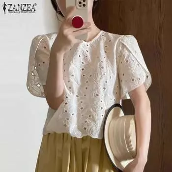 ZANZEA Женская повседневная летняя кружевная блузка с короткими рукавами и круглым вырезом M темно-синий