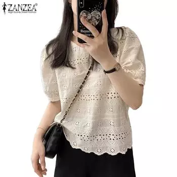 ZANZEA Женская повседневная летняя кружевная блузка с коротким рукавом и круглым вырезом 3XL бежевый