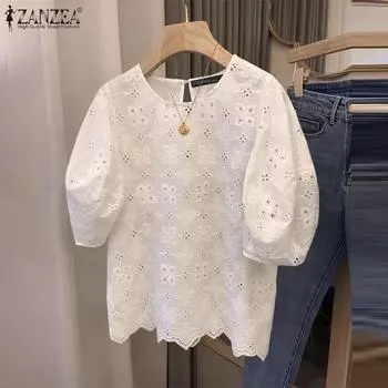 ZANZEA Женская повседневная летняя кружевная блузка с коротким рукавом и круглым вырезом 3XL коричневый