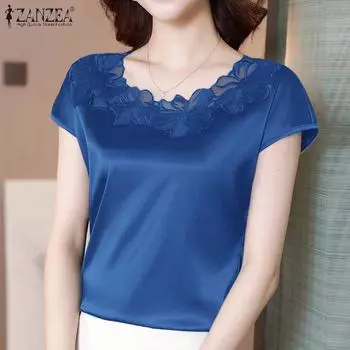 ZANZEA Женская повседневная летняя кружевная лоскутная блузка с круглым вырезом и коротким рукавом