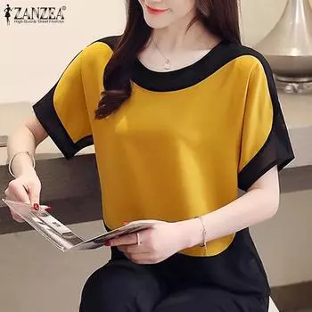 ZANZEA Женская повседневная летняя лоскутная блузка с коротким рукавом и круглым вырезом в стиле пэчворк S жёлтый