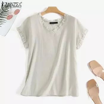 ZANZEA Женская повседневная летняя однотонная блузка с короткими рукавами и v-образным вырезом