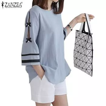 ZANZEA Женская повседневная летняя свободная блузка с круглым вырезом и рукавом 3/4 S хаки