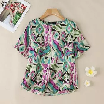 ZANZEA Женская повседневная летняя свободная блузка с этническим принтом и коротким рукавом S жёлтый