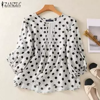 ZANZEA Женская повседневная летняя свободная блузка с рукавом 3/4 и принтом в горошек M бежевый