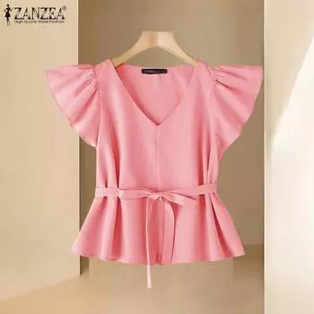 ZANZEA Женская повседневная летняя свободная блузка с V-образным вырезом и короткими рукавами бежевый