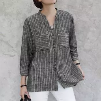 ZANZEA Женская повседневная летняя свободная блузка в полоску с v-образным вырезом и рукавами 3/4 M чёрный