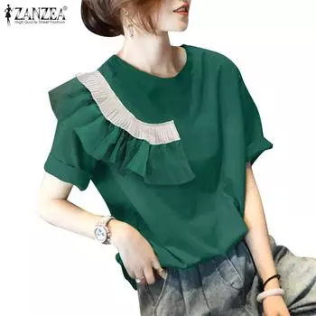ZANZEA Женская повседневная лоскутная блузка с круглым вырезом и короткими рукавами M зелёный