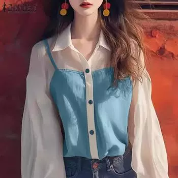 ZANZEA Женская повседневная лоскутная блузка с отложным воротником и длинными рукавами S розовый