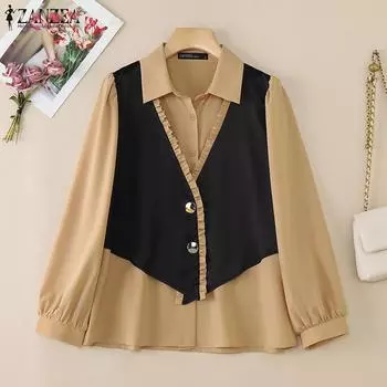 ZANZEA Женская повседневная лоскутная блузка с отложным воротником и длинными рукавами S розовый