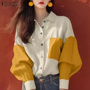 ZANZEA Женская повседневная лоскутная блузка с отложным воротником и длинными рукавами XL жёлтый