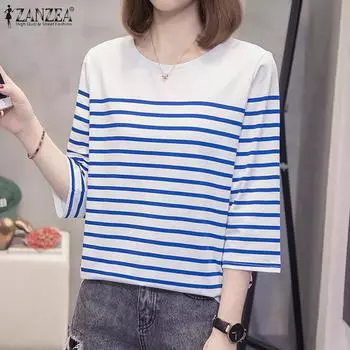 ZANZEA Женская повседневная лоскутная блузка в полоску с круглым вырезом и рукавами 3/4 S чёрный