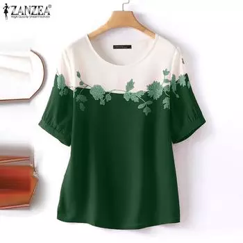 ZANZEA Женская повседневная лоскутная летняя блузка с круглым вырезом и короткими рукавами S чёрный