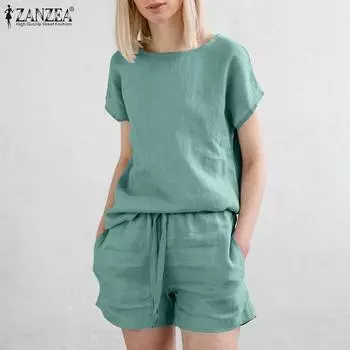 ZANZEA Женская повседневная одежда, футболка с коротким рукавом и шорты на шнурке, летний костюм из двух предметов 3XL зелёный