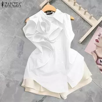 ZANZEA Женская повседневная однотонная блузка без рукавов с отложным воротником