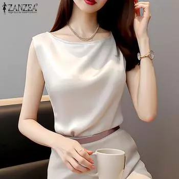 ZANZEA Женская повседневная однотонная блузка без рукавов с круглым вырезом 2XL бежевый