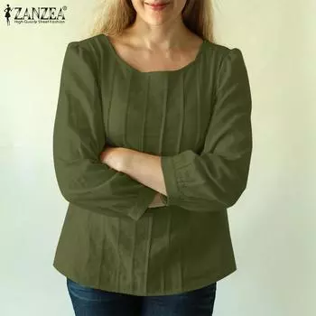 ZANZEA Женская повседневная однотонная блузка с длинным рукавом и круглым вырезом