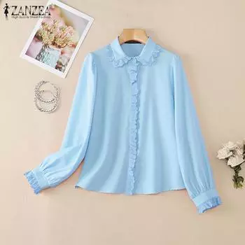 ZANZEA Женская повседневная однотонная блузка с длинным рукавом и воротником-куклой S розовый