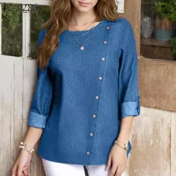 ZANZEA Женская повседневная однотонная блузка с длинным рукавом и круглым вырезом S темно-синий