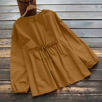 ZANZEA Женская повседневная однотонная блузка с круглым вырезом и длинными рукавами жёлтый