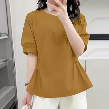 ZANZEA Женская повседневная однотонная блузка с круглым вырезом и коротким рукавом 3XL