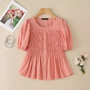 ZANZEA Женская повседневная однотонная блузка с круглым вырезом и коротким рукавом L