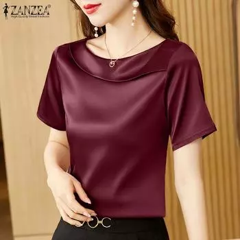 ZANZEA Женская повседневная однотонная блузка с круглым вырезом и короткими рукавами 5XL