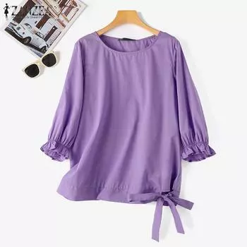 ZANZEA Женская повседневная однотонная блузка с круглым вырезом и рукавами 3/4 XL белый