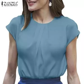ZANZEA Женская повседневная однотонная блузка с круглым вырезом и короткими рукавами 4XL белый