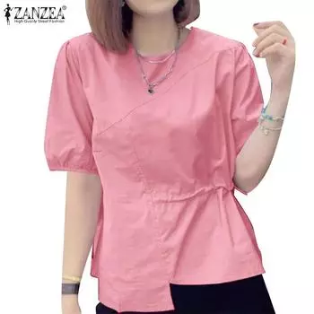 ZANZEA Женская повседневная однотонная блузка с круглым вырезом и короткими рукавами на шнуровке 4XL зелёный