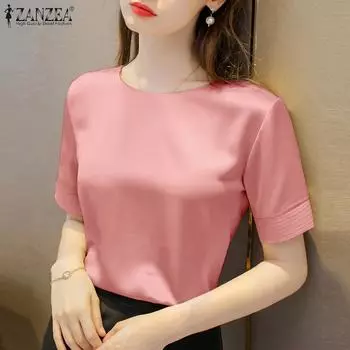 ZANZEA Женская повседневная однотонная блузка с круглым вырезом и короткими рукавами 5XL бежевый