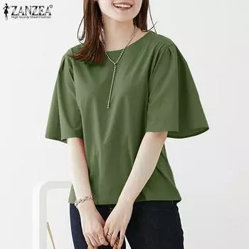 ZANZEA Женская повседневная однотонная блузка с круглым вырезом и короткими рукавами 4XL зелёный