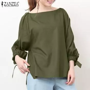 ZANZEA Женская повседневная однотонная блузка с круглым вырезом и рукавами 3/4