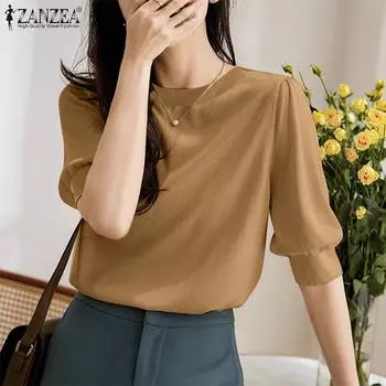 ZANZEA Женская повседневная однотонная блузка с круглым вырезом и короткими рукавами