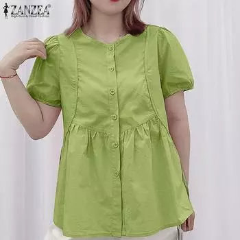 ZANZEA Женская повседневная однотонная блузка с круглым вырезом и короткими рукавами