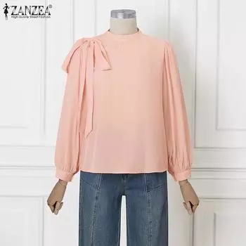 ZANZEA Женская повседневная однотонная блузка с круглым вырезом и длинными рукавами L белый