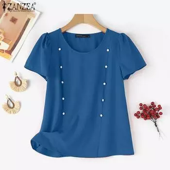 ZANZEA Женская повседневная однотонная блузка с круглым вырезом и короткими рукавами 4XL темно-синий