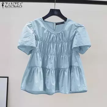 ZANZEA Женская повседневная однотонная блузка с круглым вырезом и короткими рукавами L оранжевый