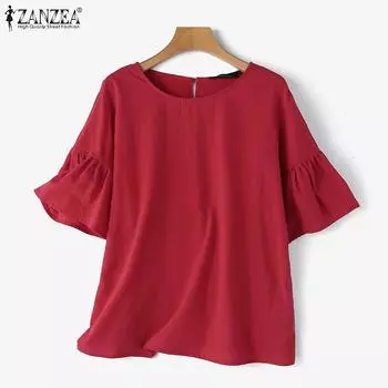 ZANZEA Женская повседневная однотонная блузка с круглым вырезом и короткими рукавами 4XL розовый