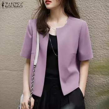 ZANZEA Женская повседневная однотонная блузка с круглым вырезом и короткими рукавами S фиолетовый