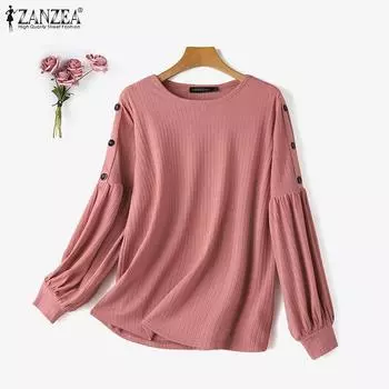 ZANZEA Женская повседневная однотонная блузка с круглым вырезом и длинными рукавами S камео розовый
