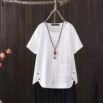 ZANZEA Женская повседневная однотонная блузка с круглым вырезом и короткими рукавами