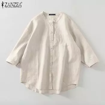 ZANZEA Женская повседневная однотонная блузка с круглым вырезом и длинными рукавами 3XL бежевый