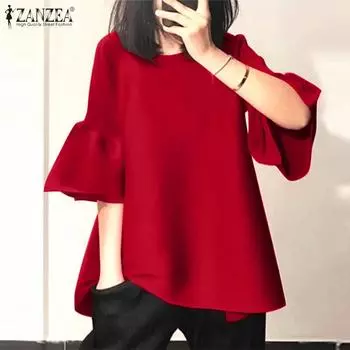 ZANZEA Женская повседневная однотонная блузка с круглым вырезом и оборками на рукавах S коричневый