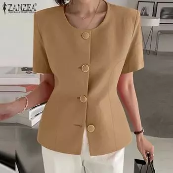 ZANZEA Женская повседневная однотонная блузка с круглым вырезом и короткими рукавами S темно-синий