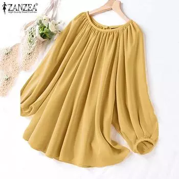 ZANZEA Женская повседневная однотонная блузка с круглым вырезом и длинными рукавами бежевый